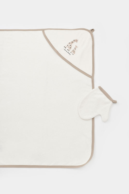 Set de baie cu prosop si manusa Girafa, BabyCosy, Ecru