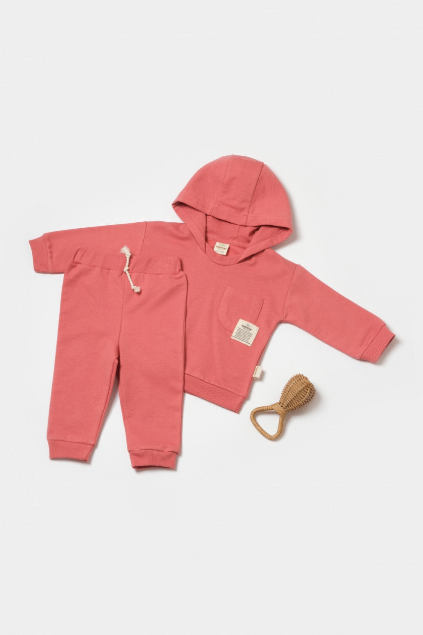 Set hanorac cu gluga si pantaloni, Two thread, 100%bumbac organic - Rose, BabyCosy