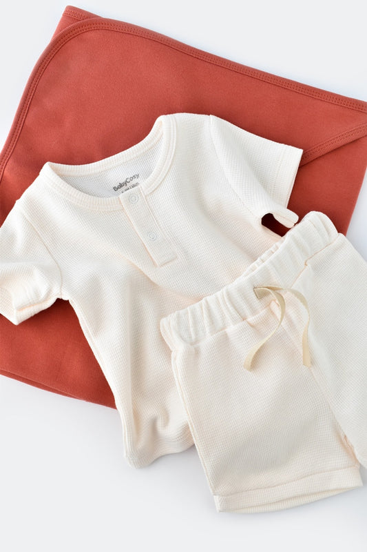 Set tricou cu pantaloni scurti - 100% bumbac organic - Ecru, BabyCosy