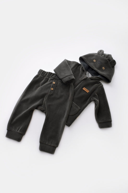 Set Ursulet cu bluzita cu fermoar si gluga si pantaloni lungi din 80%bumbac organic si 20% poliester - Antracit, BabyCosy