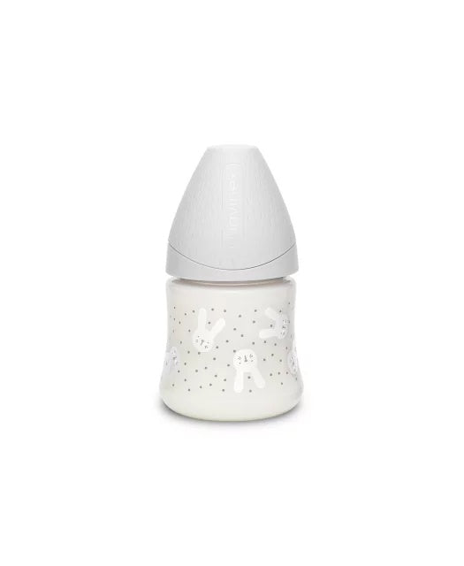 Biberon 150 ml cu tetină rotundă din silicon, debit lent, iepuraș gri Hygge Suavinex