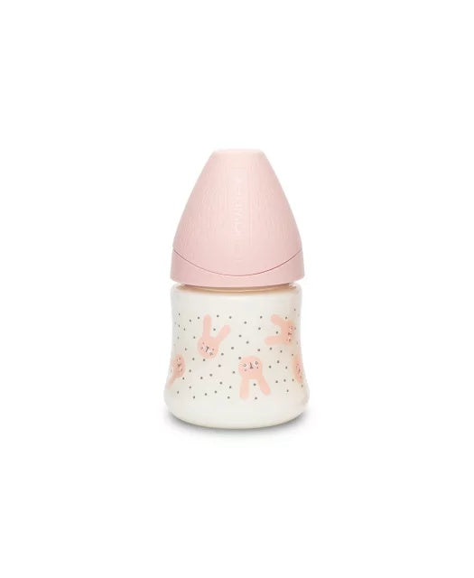 Biberon 150 ml cu tetină rotundă din silicon, debit lent, iepuraș roz Hygge Suavinex