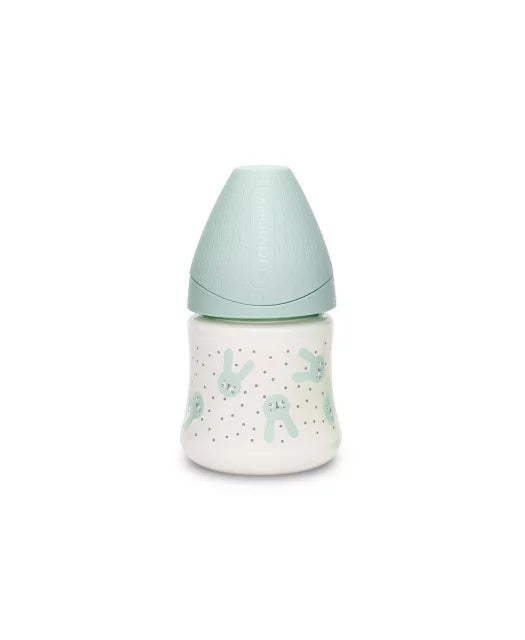Biberon 150 ml cu tetină rotundă din silicon, debit lent, iepuraș verde Hygge Suavinex
