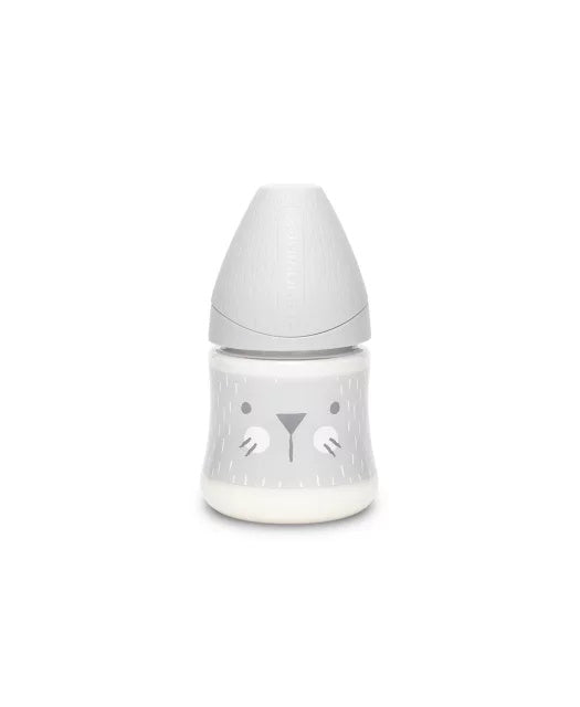 Biberon 150 ml cu tetină rotundă din silicon, debit lent, pisică gri Hygge Suavinex