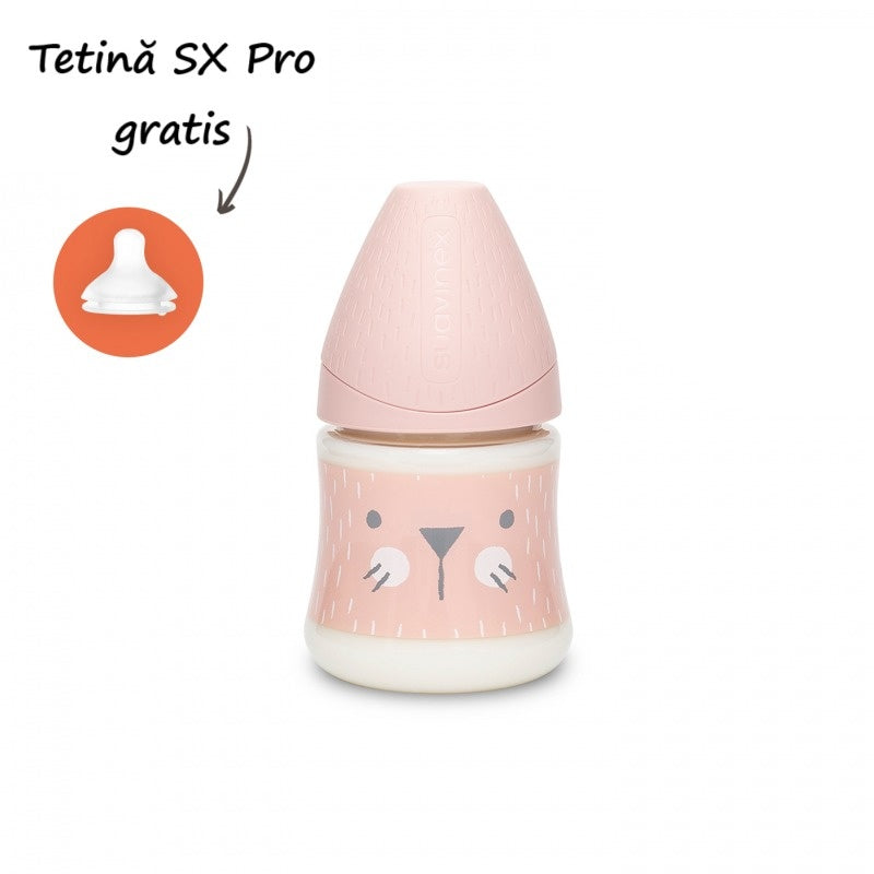 Biberon 150 ml cu tetină rotundă din silicon, debit lent, pisică roz Hygge Suavinex