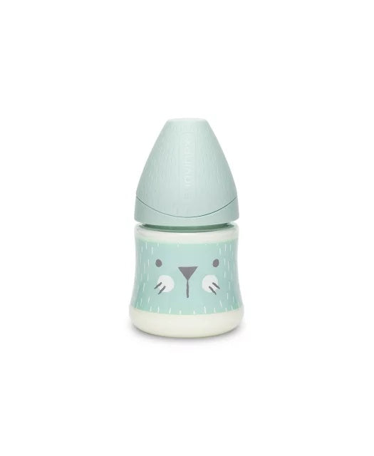 Biberon 150 ml cu tetină rotundă din silicon, debit lent, pisică verde Hygge Suavinex