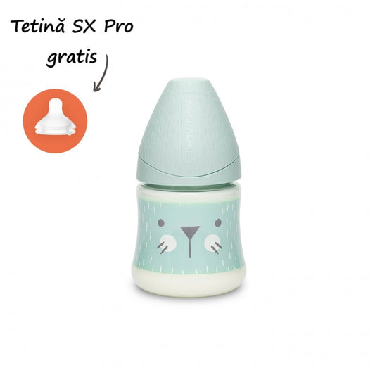Biberon 150 ml cu tetină rotundă din silicon, debit lent, pisică verde Hygge Suavinex