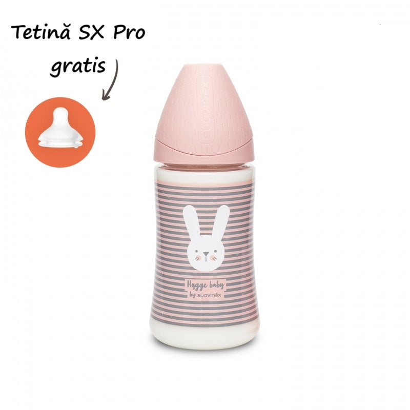 Biberon 270 ml cu tetină rotundă din silicon, 3 fluxuri, iepuraș cu linii roz, Hygge Suavinex