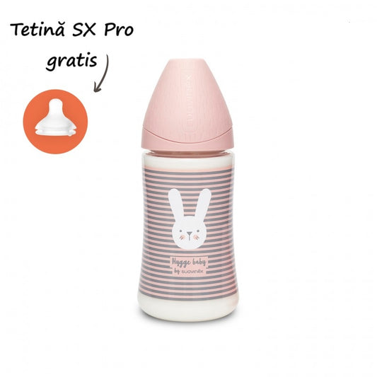 Biberon 270 ml cu tetină rotundă din silicon, 3 fluxuri, iepuraș cu linii roz, Hygge Suavinex