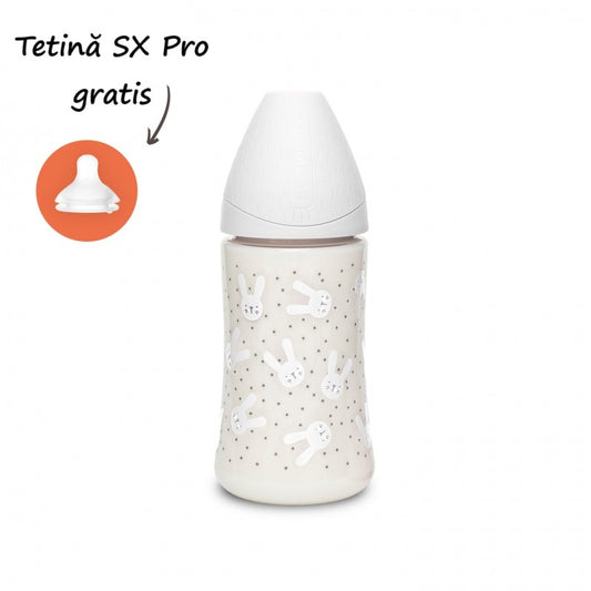 Biberon 270 ml cu tetină rotundă din silicon, 3 fluxuri, iepuraș gri Hygge Suavinex