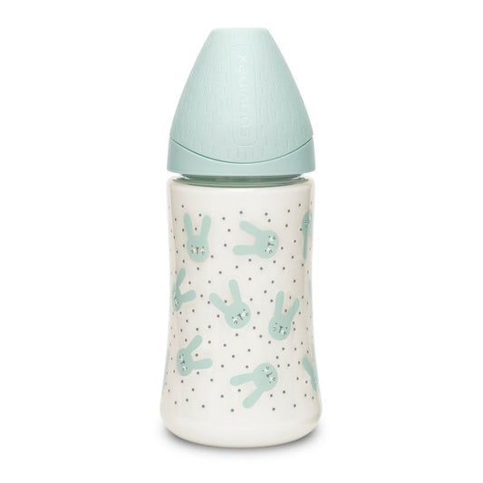 Biberon 270 ml cu tetină rotundă din silicon, 3 fluxuri, iepuraș verde Hygge Suavinex