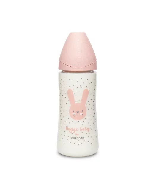 Biberon 360 ml cu tetină rotundă din silicon, debit dens, iepuraș roz Hygge Suavinex