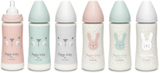 Biberon 360 ml cu tetină rotundă din silicon, debit dens, iepuraș verde Hygge Suavinex