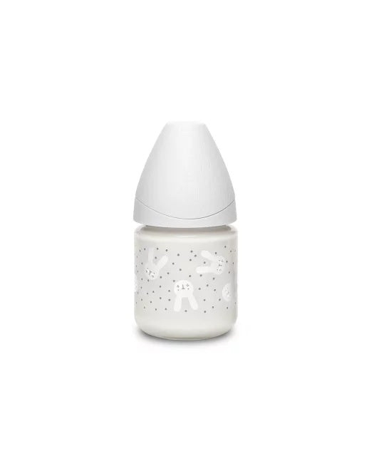 Biberon din sticlă 120 ml cu tetină rotundă din silicon, debit lent, iepuraș gri Hygge Suavinex