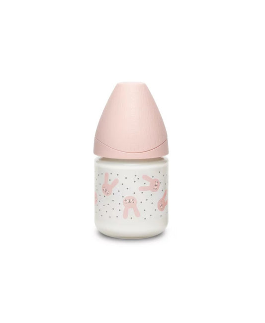 Biberon din sticlă 120 ml cu tetină rotundă din silicon, debit lent, iepuraș roz Hygge Suavinex