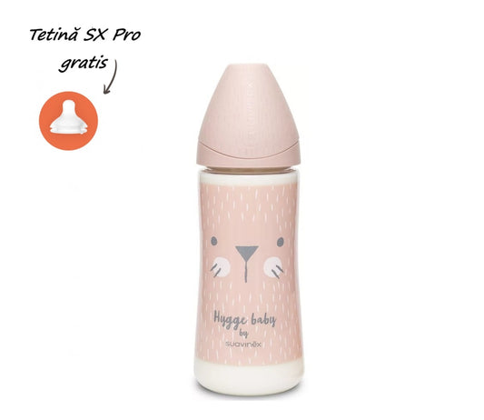 Biberon din sticlă 240 ml cu tetină rotundă din silicon, 3 fluxuri, pisică roz Hygge Suavinex