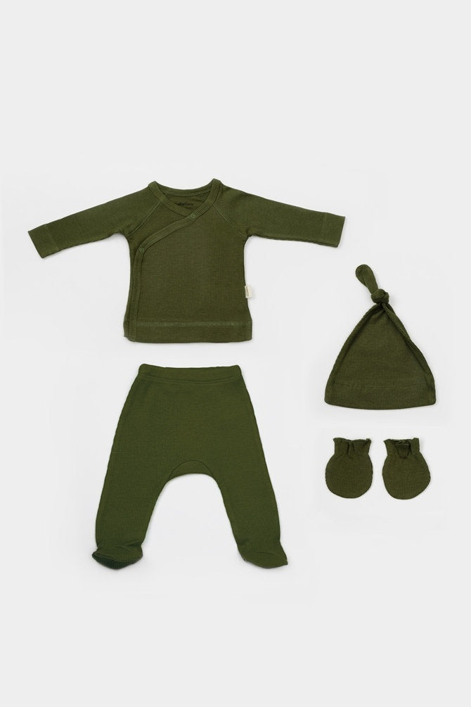 Cutie 4 piese pentru nou nascut - 100% bumbac organic - Verde, BabyCosy