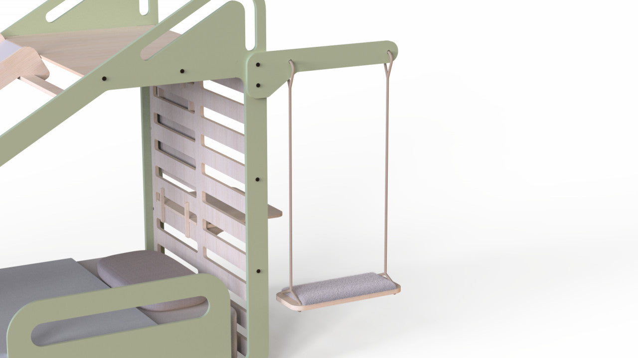 Pat Montessori din lemn MamaToyz, cu tobogan, tabla de scris, masuta si leagan, Verde