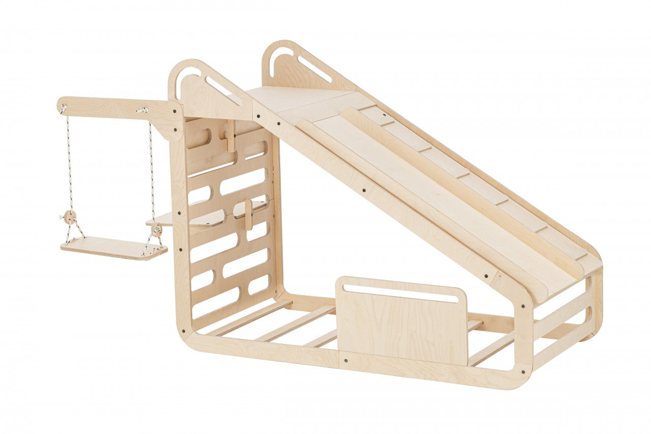 Pat Montessori din lemn MamaToyz, cu tobogan, tabla de scris, masuta si leagan, Natur