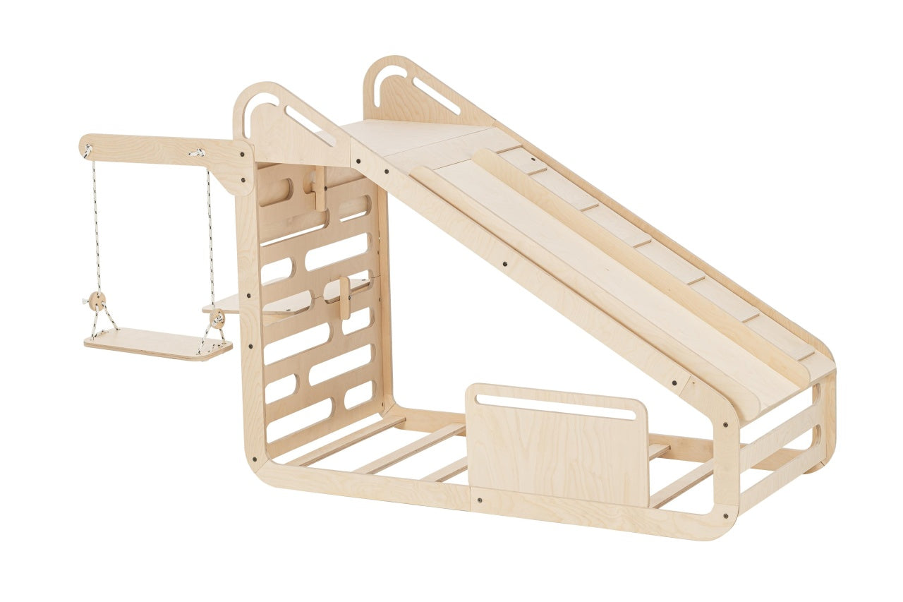 Pat Montessori din lemn MiniSleepy MamaToyz, cu tobogan, tabla de scris, masuta si leagan, Natur