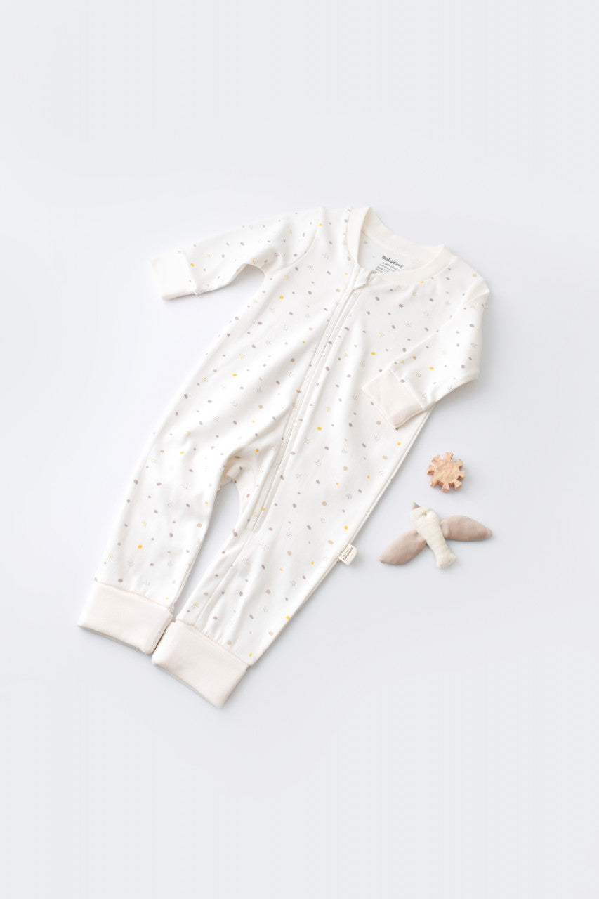 Salopeta cu fermoar cu maneca lunga si pantaloni lungi - 100%bumbac organic - Ecru cu buline, BabyCosy