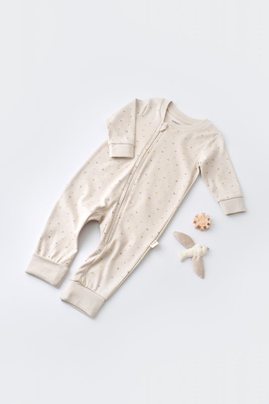 Salopeta cu fermoar cu maneca lunga si pantaloni lungi - 100%bumbac organic - Crem cu buline, BabyCosy