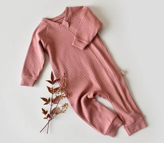 Salopeta cu fermoar cu maneca lunga si pantaloni lungi din 95%bumbac organic si 5% elastan - Rose, BabyCosy