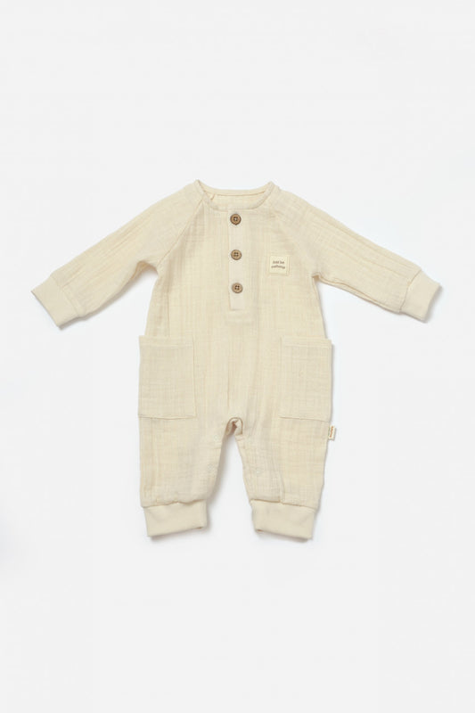 Salopeta cu nasturei, Winter muselin, 100% bumbac - Stone, BabyCosy