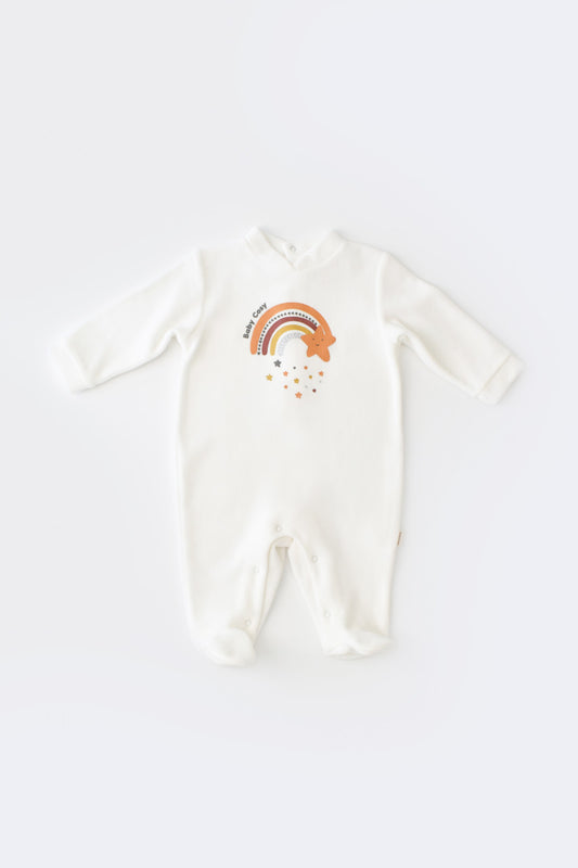 Salopeta Curcubeu cu maneca lunga si botosei din 80%bumbac organic si 20% poliester - Ecru, BabyCosy