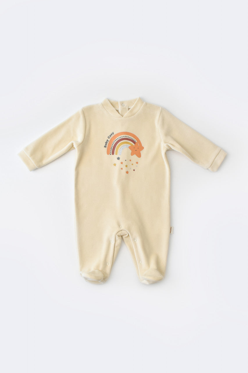 Salopeta Curcubeu cu maneca lunga si botosei din 80%bumbac organic si 20% poliester - Crem, BabyCosy