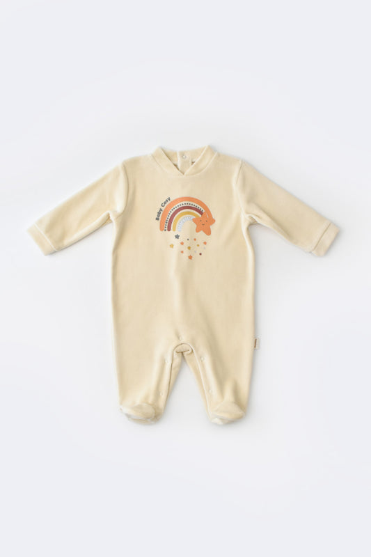 Salopeta Curcubeu cu maneca lunga si botosei din 80%bumbac organic si 20% poliester - Crem, BabyCosy