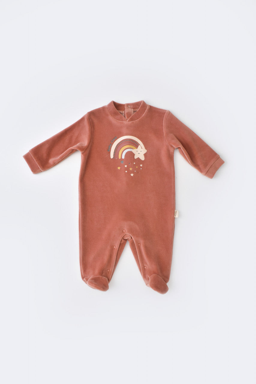 Salopeta Curcubeu cu maneca lunga si botosei din 80%bumbac organic si 20% poliester - Caramiziu, BabyCosy