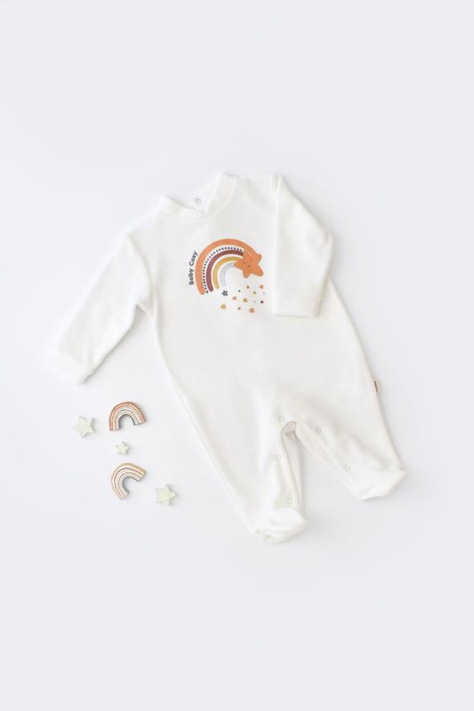 Salopeta Curcubeu cu maneca lunga si botosei din 80%bumbac organic si 20% poliester - Ecru, BabyCosy