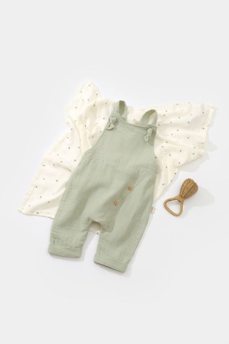 Salopeta de vara cu pantaloni lungi din muselina, BabyCosy, 100% bumbac organic, verde