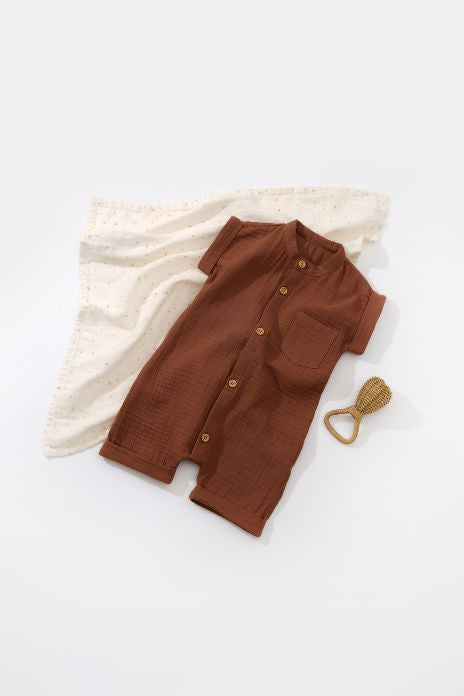 Salopeta de vara din muselina, BabyCosy, 100% bumbac organic, caramiziu