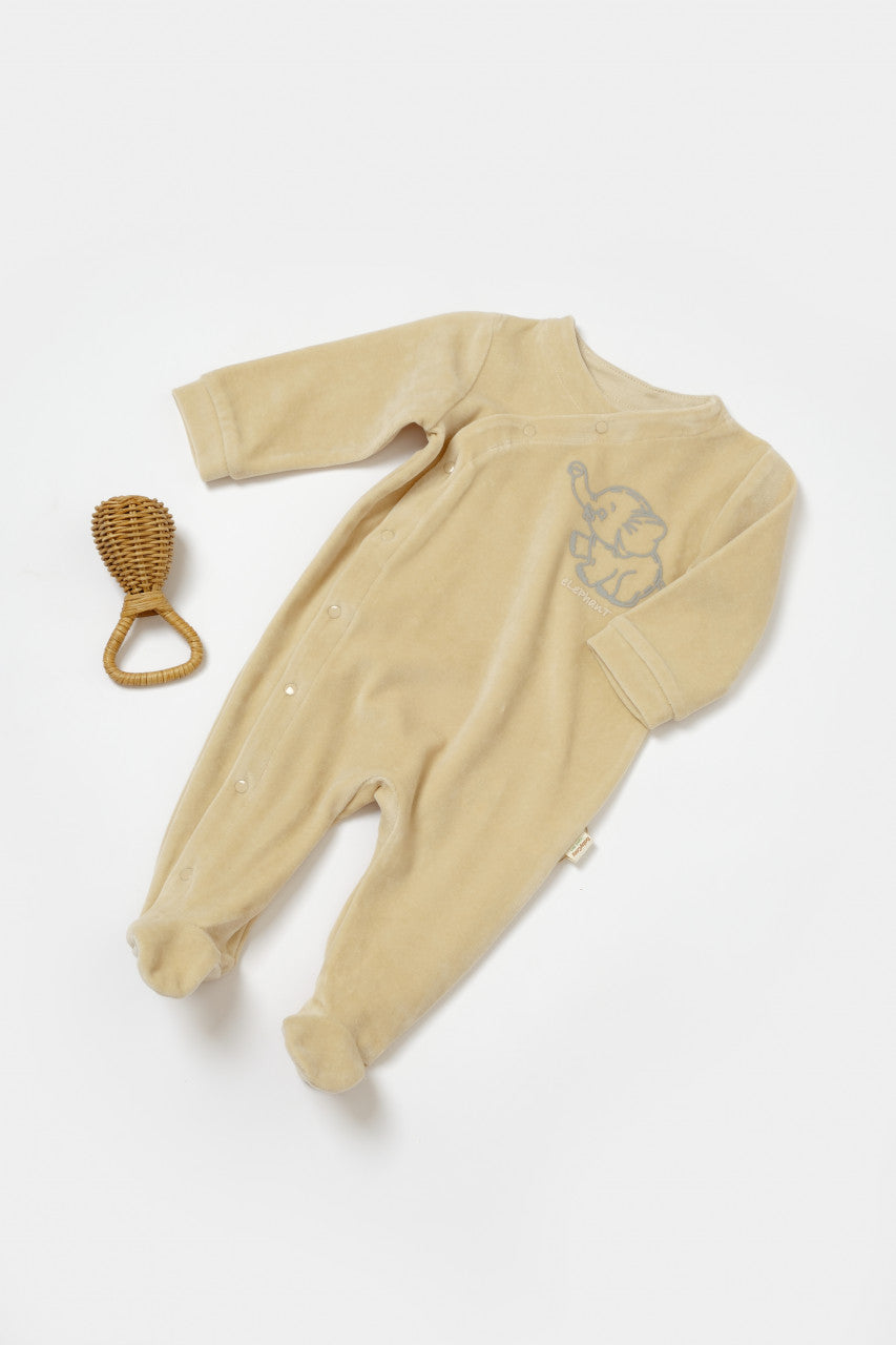 Salopeta Elefant cu maneca lunga si botosei din 80%bumbac organic si 20% poliester - Stone, BabyCosy