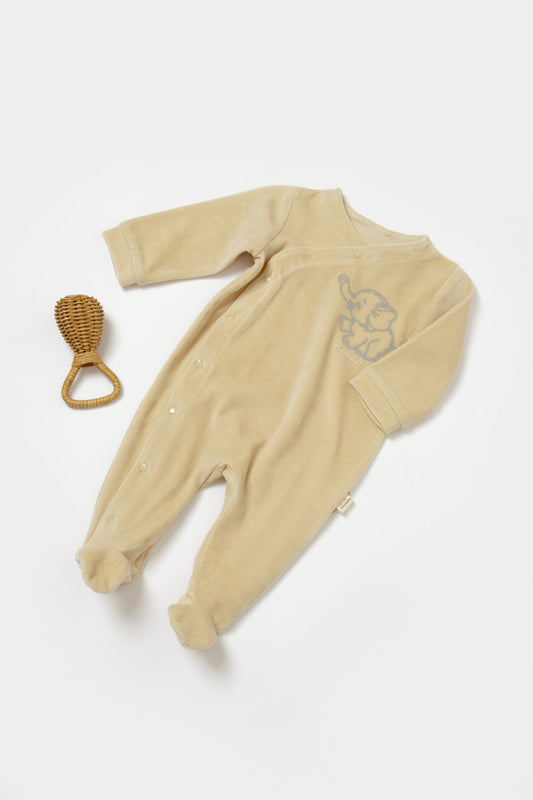 Salopeta Elefant cu maneca lunga si botosei din 80%bumbac organic si 20% poliester - Stone, BabyCosy