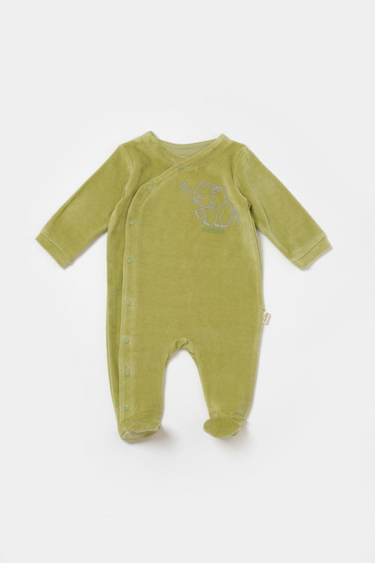 Salopeta Elefant cu maneca lunga si botosei din 80%bumbac organic si 20% poliester - Verde, BabyCosy