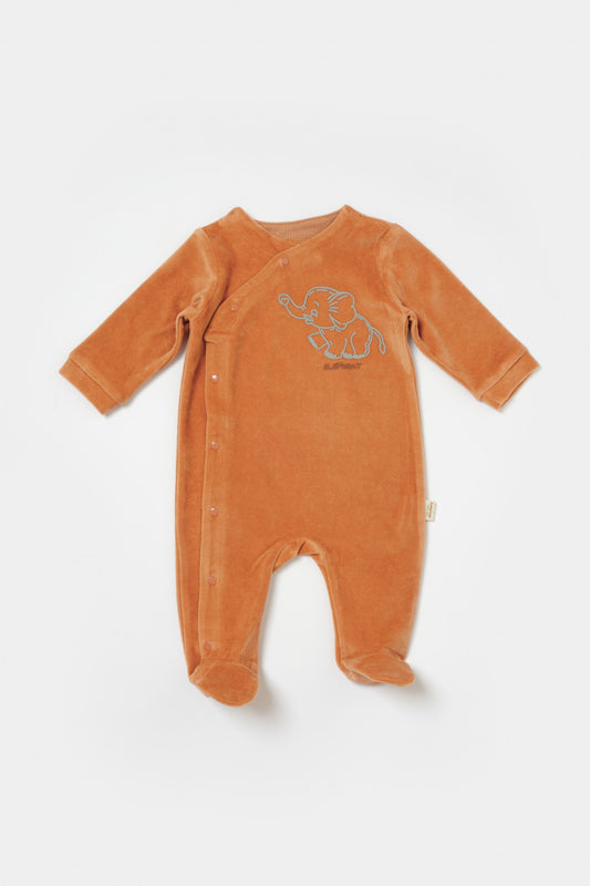 Salopeta Elefant cu maneca lunga si botosei din 80%bumbac organic si 20% poliester - Caramiziu, BabyCosy