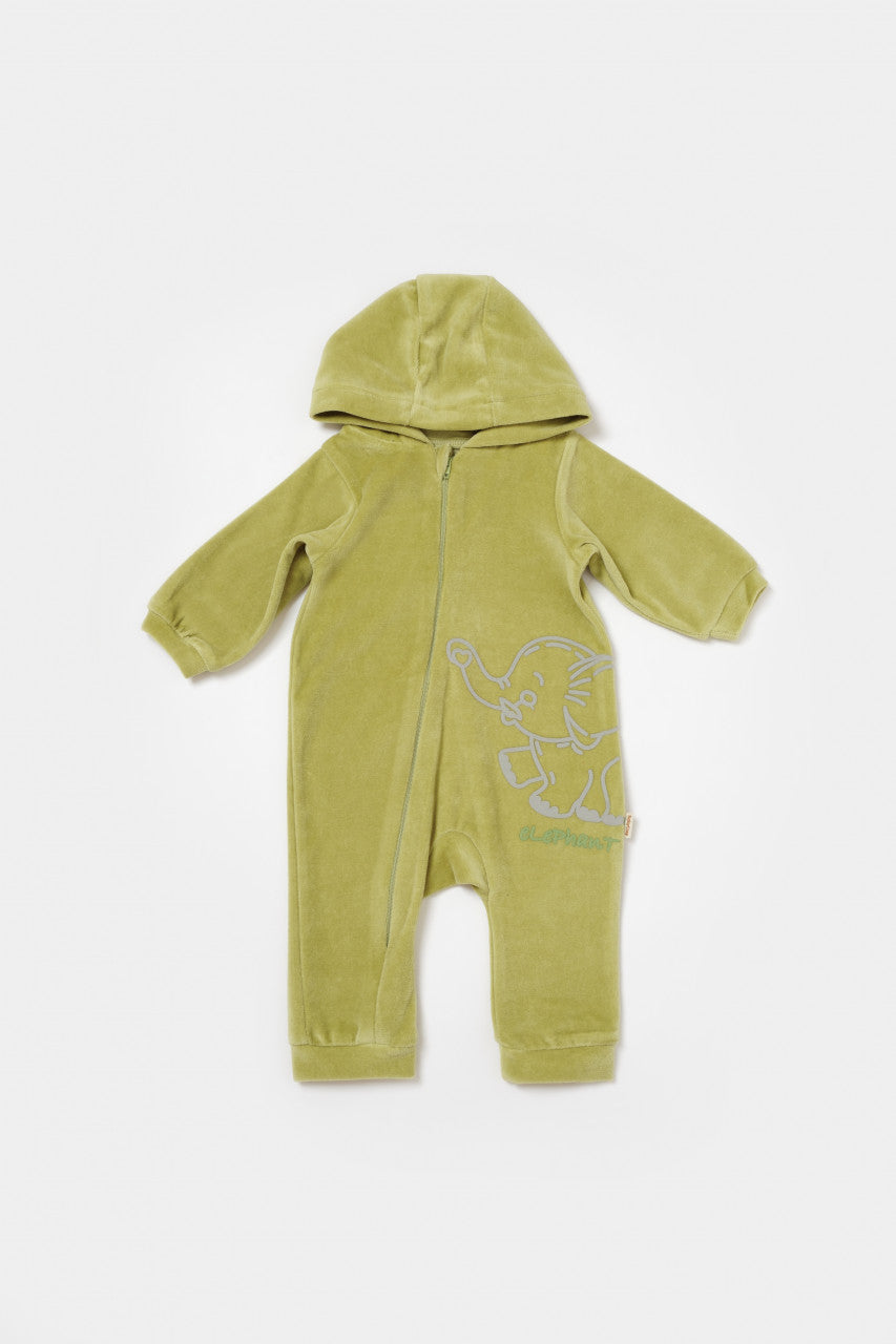 Salopeta Elefant cu maneca lunga si gluga din 80%bumbac organic si 20% poliester - Verde, BabyCosy