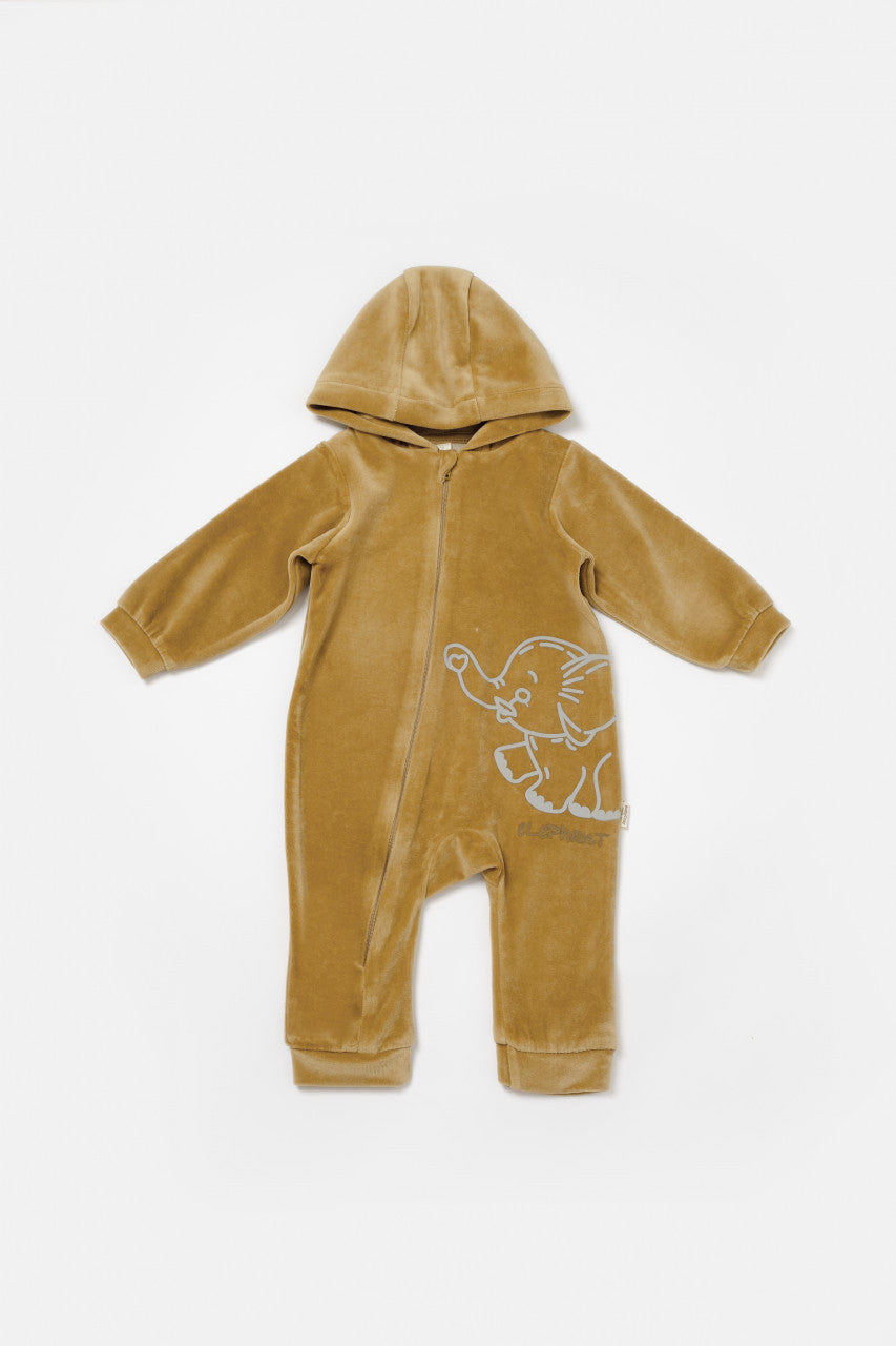 Salopeta Elefant cu maneca lunga si gluga din 80%bumbac organic si 20% poliester - Mustar, BabyCosy