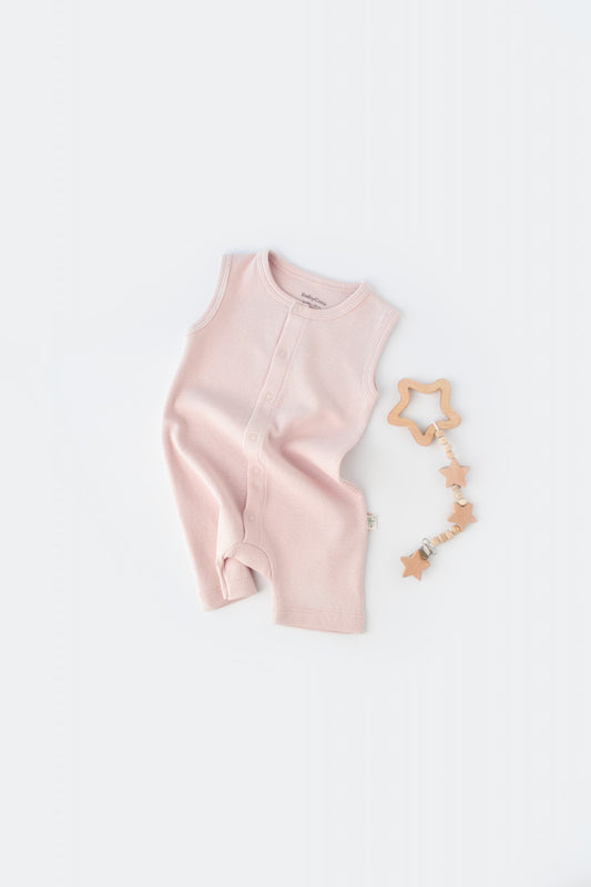 Salopeta fara maneci si pantaloni scurti - 100% bumbac organic - Roz, BabyCosy