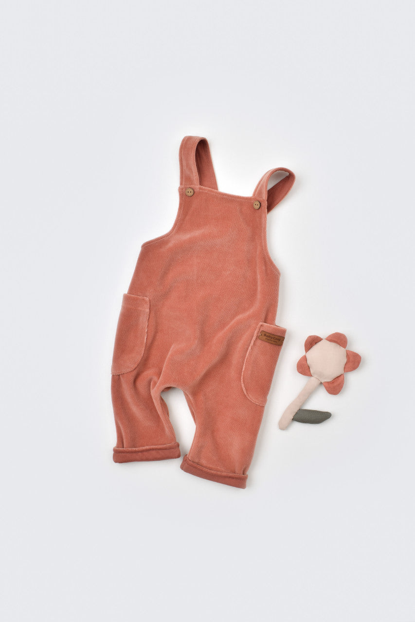 Salopeta Velvet cu bretele din 80%bumbac organic si 20% poliester - Caramiziu, BabyCosy