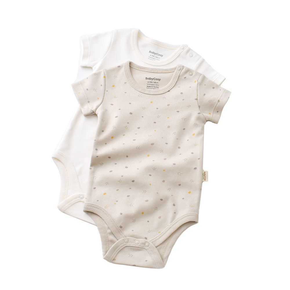 Set 2 body-uri bebe unisex -100% bumbac organic - Crem cu buline, BabyCosy