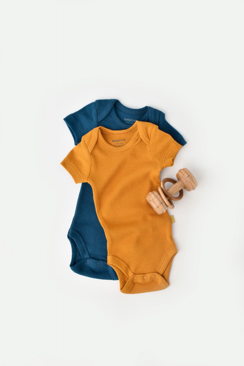Set 2 body-uri bebe unisex din bumbac organic si modal - Bleumarin/Sofran, BabyCosy