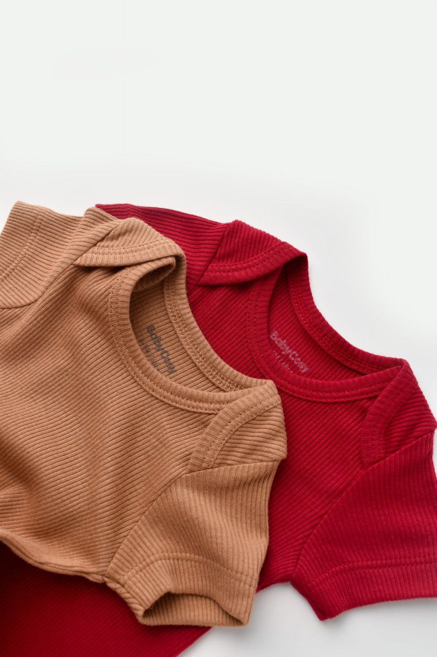 Set 2 body-uri bebe unisex din bumbac organic si modal - Maro/Rosu, BabyCosy