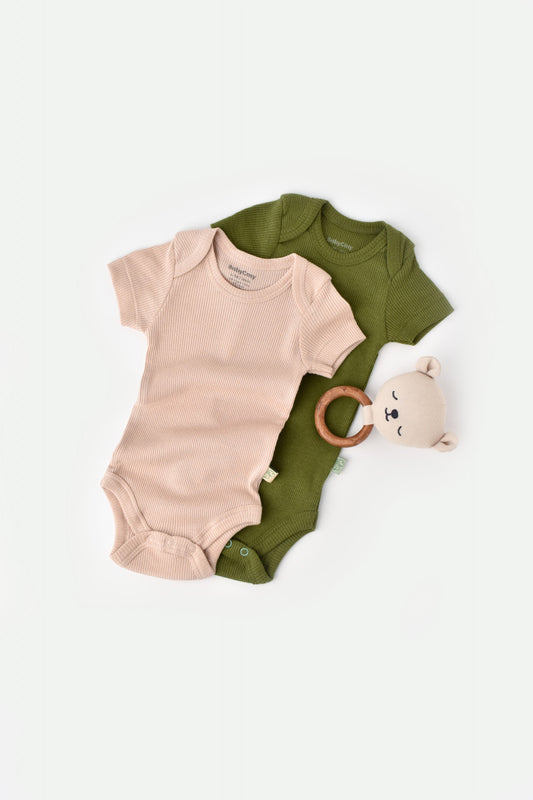 Set 2 body-uri bebe unisex din bumbac organic si modal - Verde/Blush, BabyCosy