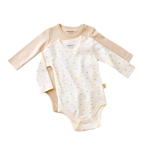 Set 2 body-uri cu maneca lunga bebe unisex -100% bumbac organic - Ecru cu buline, BabyCosy