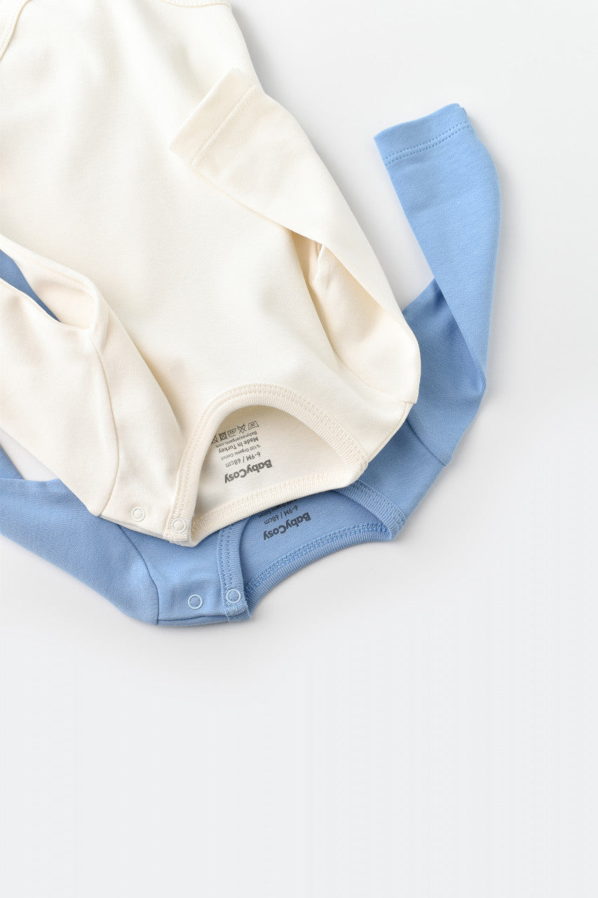 Set 2 body-uri cu maneca lunga bebe unisex -100% bumbac organic - Ecru/Bleu, BabyCosy