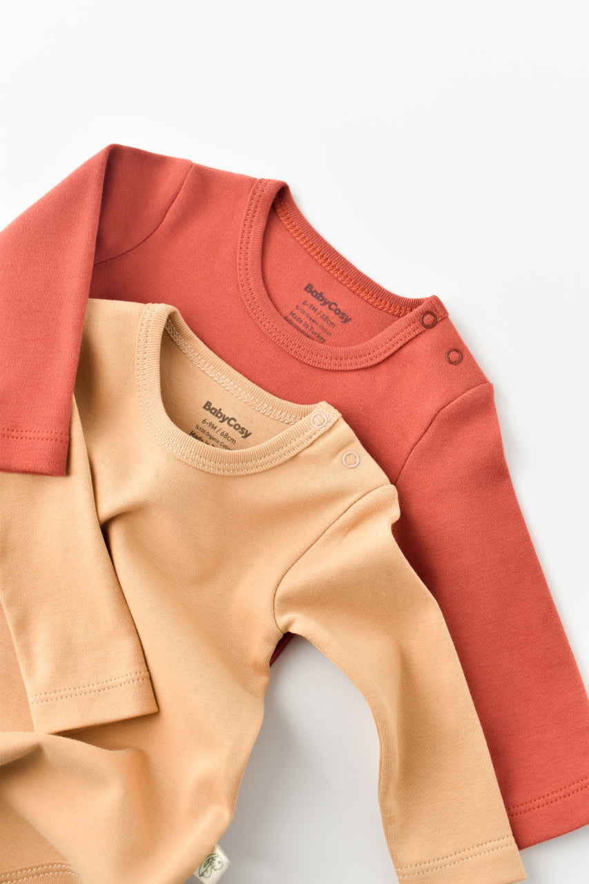 Set 2 body-uri cu maneca lunga bebe unisex -100% bumbac organic - Mustar/Scortisoara, BabyCosy
